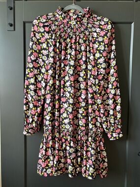 kate spade Black Floral Smocked Neck Dress with Pink & White Flowers